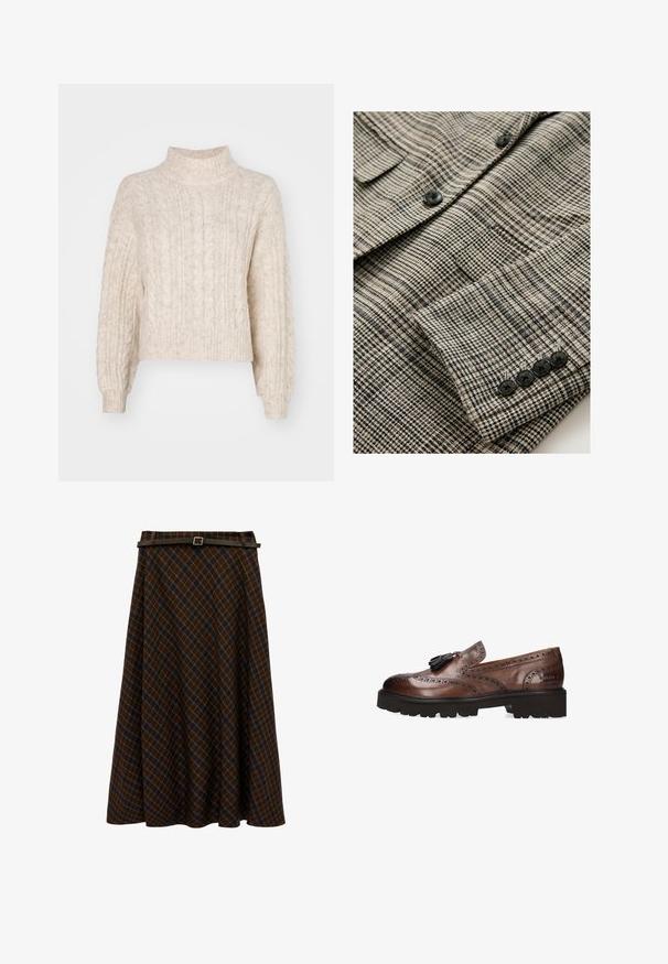 Beige og sort ternet jakke med tekstureret stof, der har fire sorte knapper på manchetten og en enkelt brystlomme.; Cremefarvet cropped sweater med høj hals, der har et tekstureret kabelstrikket mønster og lange, let puffede ærmer.; Brun og marineblå ternet midi-nederdel med A-form og tyndt mørkebrunt bælte med sølvspænde i taljen.; Brune læder loafers med brogue-detaljer, frynseaccent og en tekstureret sort gummisål for bedre greb. Klassisk design med en rig finish.