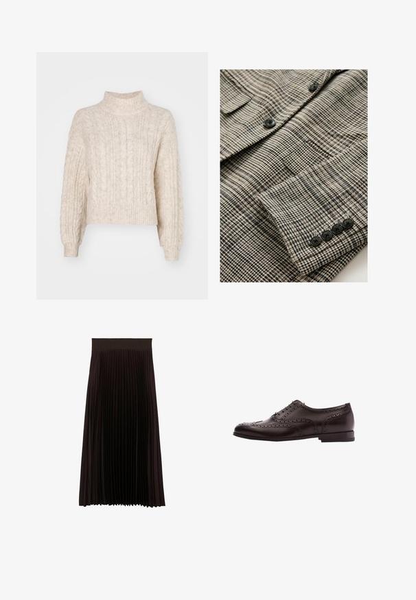 Beige og sort ternet jakke med tekstureret stof, der har fire sorte knapper på manchetten og en enkelt brystlomme.; Cremefarvet cropped sweater med høj hals, der har et tekstureret kabelstrikket mønster og lange, let puffede ærmer.; Sort plisseret midi-nederdel med bred elastisk taljebånd, der har fine lodrette folder for tekstur og bevægelse.; Brune læder dress sko med brogue-detaljer, snørebånds lukning, rund tå og en lav stablet hæl. Poleret finish og indviklede perforeringer.