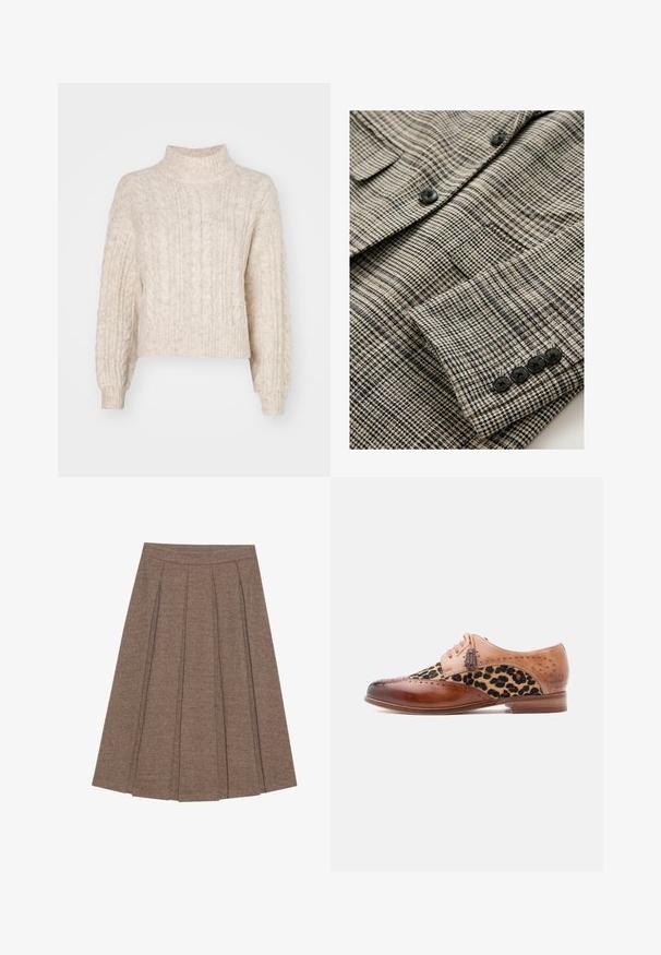Beige og sort ternet jakke med tekstureret stof, der har fire sorte knapper på manchetten og en enkelt brystlomme.; Cremefarvet cropped sweater med høj hals, der har et tekstureret kabelstrikket mønster og lange, let puffede ærmer.; Plisseret nederdel i brunt stof med fiskebensmønster, med en tætsiddende talje og en udvidet silhuet, der giver en struktureret tekstur og design.; Brun lædersko med leopardprintstofpanel, brogue-detaljer, frynse-laces og lavt træhæl.