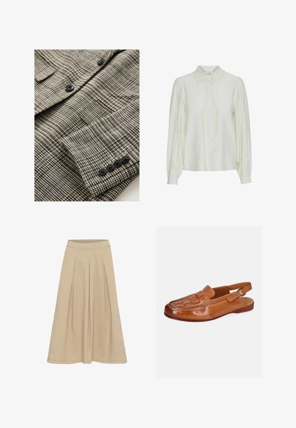 Chaqueta de cuadros beige y negro con tela texturizada, que cuenta con cuatro botones negros en el puño y un único bolsillo en el pecho.; Blusa crema con cuello con volantes, cierre frontal de botones, mangas largas abullonadas y una tela suave y texturizada. Diseño elegante y minimalista.; Falda plisada beige con una textura suave, diseño hasta las rodillas y una cinturilla ajustada. Fabricada en un tejido ligero con detalles de costura sutiles.; Mocasín de piel marrón con diseño delantero tejido y hebilla dorada en la correa del tobillo, suela plana.