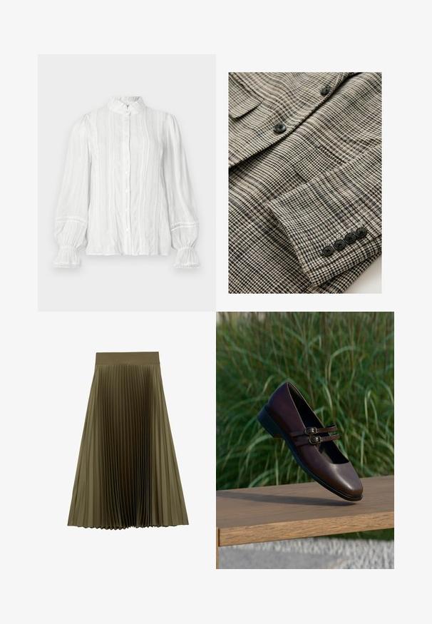 Beige en zwart geruit jack met gestructureerde stof, voorzien van vier zwarte knopen aan de manchet en een enkele borstzak.; Witte blouse met knoopsluiting en gerimpelde kraag, verticale strepen en textuurstof. Beschikt over elastische pofmouwen met kantafwerking.; Olijfgroene midi geplooide rok met een brede, gladde tailleband en gelijkmatig verdeelde smalle plooien.; Donkerbruine leren Mary Jane-schoen met dubbele gespbanden, weergegeven boven een houten oppervlak met groene grasachtergrond.