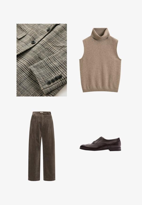 Beige og sort ternet jakke med tekstureret stof, der har fire sorte knapper på manchetten og en enkelt brystlomme.; Ærmeløs beige strikket polo-vest med ribkant ved hals og kant, lavet af blødt stof.; Brune corduroy brede benbukser med folder, der har en blød tekstur og en mellemhøj talje. Kantafslutningerne er rene og lige.; Brune læder dress sko med brogue-detaljer, snørebånds lukning, rund tå og en lav stablet hæl. Poleret finish og indviklede perforeringer.