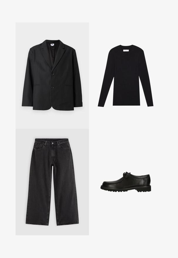 Sort blazer med skræddersyet pasform, to frontknapper, spidse revers og sidelommer. Lavet af tekstureret stof, med ensfarvet design.; Pier One by Zalando MUSCLE FIT KNITJUMPER - Striktrøje - black; Sorte denim jeans med vide ben, forlommer, bæltestropper og knaplukning, vist på en ensfarvet lys baggrund.; Sorte lædersko med rund tå, snøredetaljer og en tekstureret sål med godt greb. Den glatte finish forbedrer det samlede design.