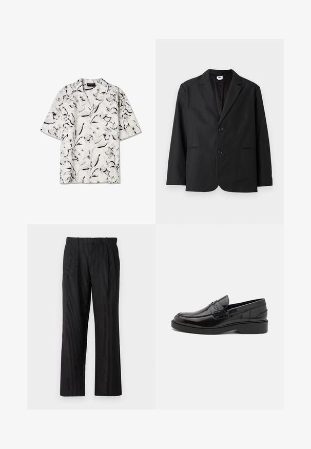 Sort blazer med skræddersyet pasform, to frontknapper, spidse revers og sidelommer. Lavet af tekstureret stof, med ensfarvet design.; Kortærmet skjorte med åben krave i hvid base med sorte og grå blomsterede mønstre. Letvægtsstof med knapdetaljer.; Jack & Jones Classic Wide Leg Fit - Bukser - black; Sorte læder loafers med en glat finish, rund tå, lav hæl og dekorativ syning langs forsiden. Gummisål for godt greb.