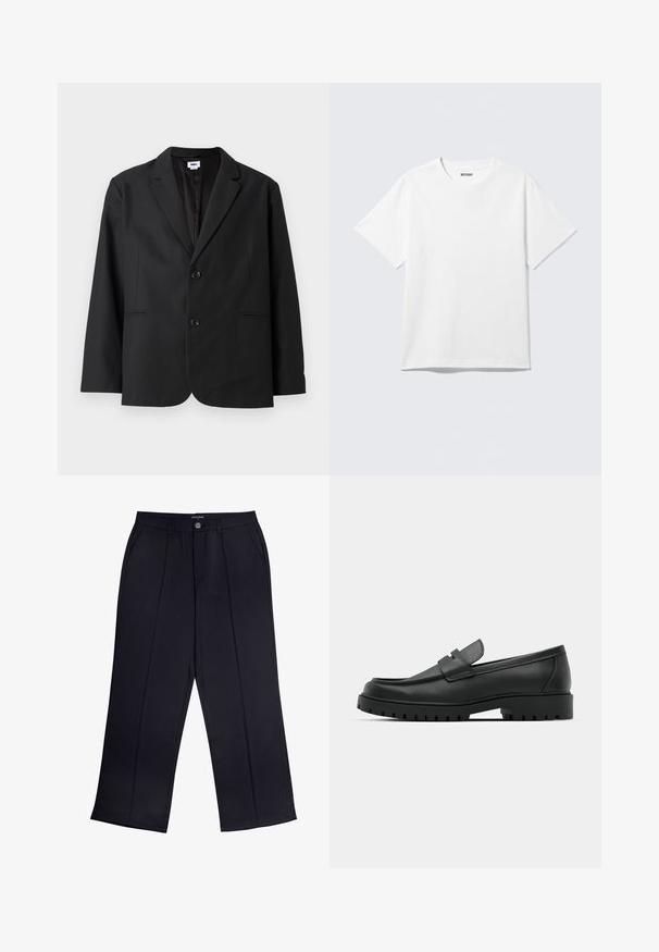 Sort blazer med skræddersyet pasform, to frontknapper, spidse revers og sidelommer. Lavet af tekstureret stof, med ensfarvet design.; Hvid kortærmet crewneck T-shirt lagt fladt ud, ensfarvet design, med "WEEKDAY" mærkat inde i kraven på en lys baggrund.; Sorte viddebukser lavet af glat stof med lynlås og knaplukning samt forlommer. Bemærkelsesværdige folder ned ad hvert ben.; Sorte læder loafers med rund tå, der har et syet design, lav platformssål og en struktureret, skridsikker gummisål.