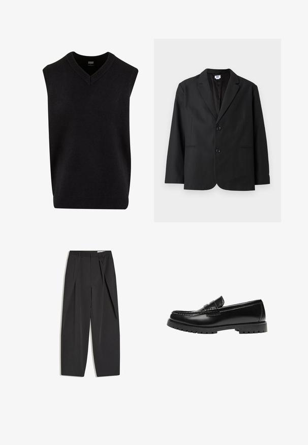 Sort blazer med skræddersyet pasform, to frontknapper, spidse revers og sidelommer. Lavet af tekstureret stof, med ensfarvet design.; Sort ærmeløs sweater med V-hals, lavet af blødt materiale, med ribbet halsudskæring og kant. Enkel, klassisk design.; Sorte sorte bukser med høj talje, skræddersyede med læg, bæltestropper og lige ben, vist fladt på en hvid baggrund.; Sort læderloafer med en kraftig gummisål og klassiske penny-strap detaljer, vist fra ydersiden.