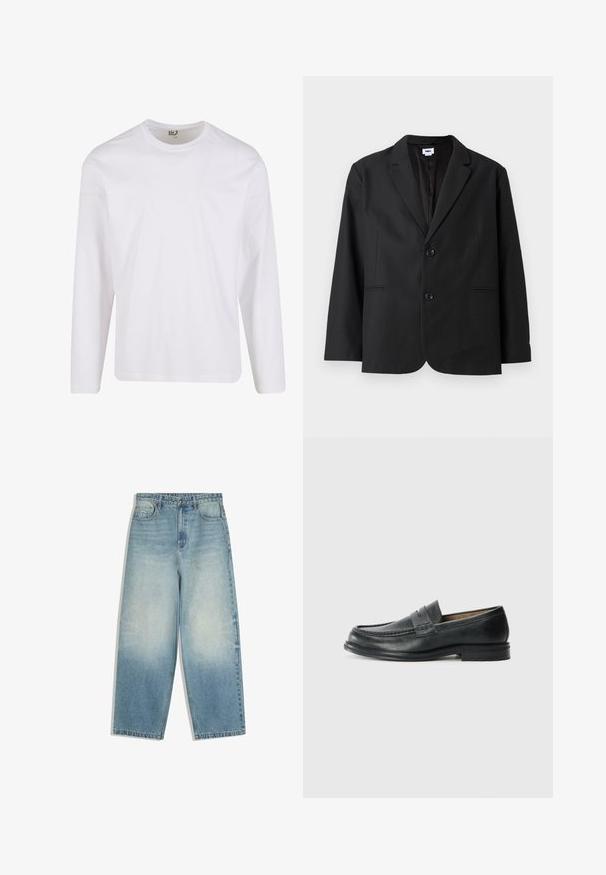 Sort blazer med skræddersyet pasform, to frontknapper, spidse revers og sidelommer. Lavet af tekstureret stof, med ensfarvet design.; Hvid langærmet t-shirt lavet af blød bomuld, med en rund halsudskæring og et enkelt, sømløst design uden grafiske mønstre eller pynt.; Lyseblå vide denimjeans med forlommer, knaplukning og falmet vaskepatina på lår og knæ.; Sorte læder loafers med et klassisk design, der har en syet detalje ved tåen og en lav, tekstureret gummisål.