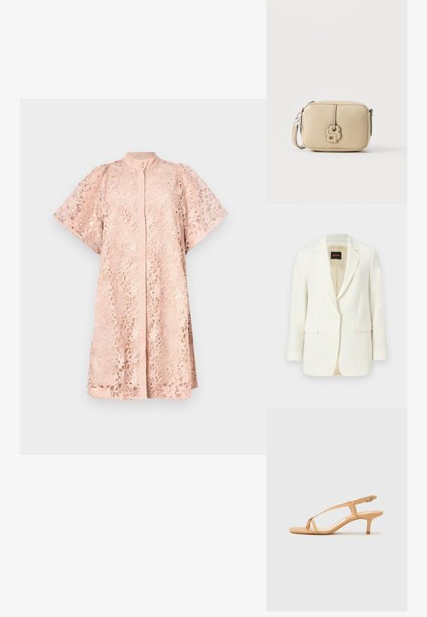 Hvid skræddersyet blazer med enkelt knap, revers med hakket krave, klaplommer og beige inderfor, mærket med BOSS-logo indvendigt i kraven.; Blonderkjole i lyserød med høj halsudskæring, korte ærmer og blomsterprint over det hele. Knaplukning ned foran.; Nude strappy hæl sandaler med en tynd ankelrem, en glat teksturoverflade og en spids 5 cm hæl. Minimalistisk design med en flad tåbund.; Beige rektangulær læder crossbodytaske med aftagelig rem og et dekorativt syet logo foran.