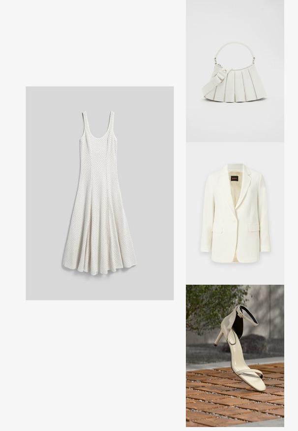 Veste blazer blanche cintrée à un bouton, avec revers crantés, poches à rabat et doublure intérieure beige, marquée du label BOSS à l'intérieur du col.; Robe blanche en tricot sans manches avec encolure dégagée et jupe évasée texturée, étalée à plat sur fond gris.; Sandale beige à talons hauts avec bride à la cheville posée sur des lattes en bois en extérieur, avec un arrière-plan flou de verdure et de béton.; Lacoste LENGLEN BAG - Sac à main - cristalline