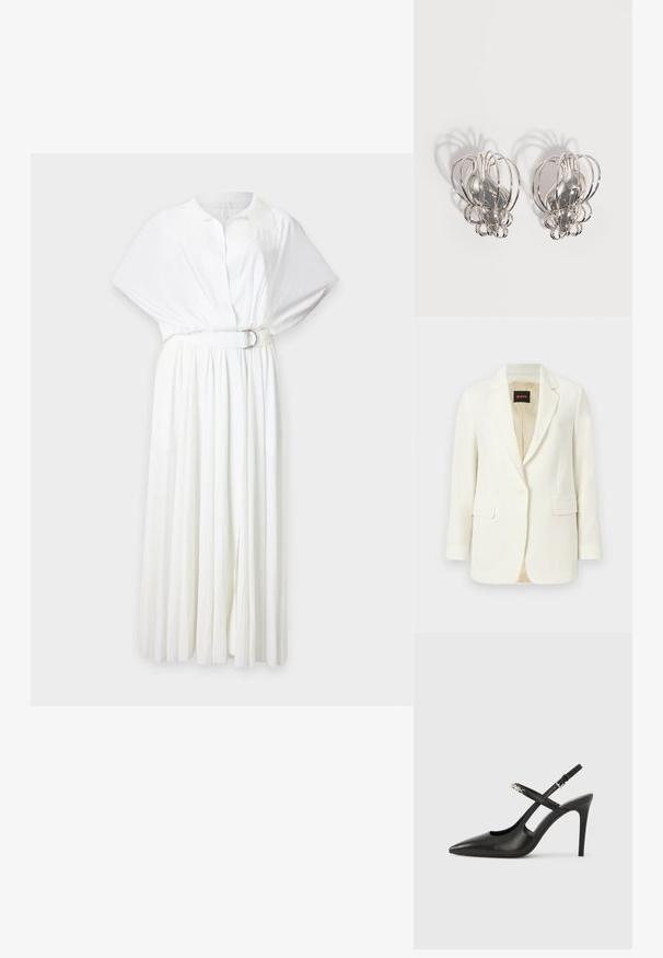 Blazer blanco de sastre con un solo botón, solapas con muesca, bolsillos con solapa y forro interior beige, con etiqueta BOSS en el interior del cuello.; Vestido midi blanco con mangas cortas abullonadas, parte superior con cuello y botones, falda plisada y cinturón a juego con hebilla plateada.; Tacones altos slingback de cuero negro con punta afilada, diseño con recortes y correa ajustable con herrajes metálicos.; Par de pendientes de metal plateado con diseño de jaula de alambre abierto y formas ovaladas centrales lisas que proyectan sombras curvas sobre un fondo blanco.