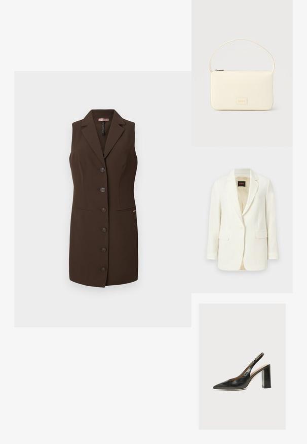 Hvid skræddersyet blazer med enkelt knap, revers med hakket krave, klaplommer og beige inderfor, mærket med BOSS-logo indvendigt i kraven.; Brun ærmeløs vest med en tætsiddende design, skrå krave og seks knaplukninger. Har to forreste lommer og en glat tekstur.; Sort dameslingback pumpe i læder med spids tå og tyk høj blokhæl på hvid baggrund.; Kremfarvet rektangulær håndtaske med en enkelt rem og lynlås øverst, med en lille præget logo-plakette foran.