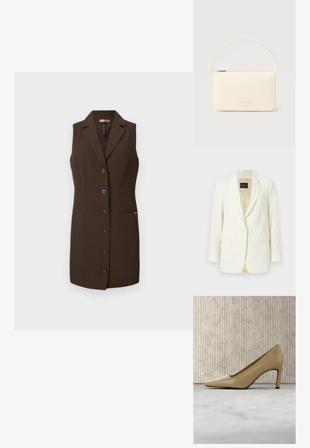 Witte getailleerde blazer met één knoop, gefixeerde rever, klepzakken en beige binnenvoering, met BOSS-label aan de binnenkraag.; Bruine mouwloze vest met een getailleerd ontwerp, uitgesneden revers en zes knoopsluitingen. Bevat twee voorzakken en heeft een zachte textuur.; Beige puntige hoge hak schoen met klein gouden embleem, rechtopstaand op een reflecterend oppervlak nabij een metalen ordnerhouder.; Roomkleurige rechthoekige handtas met een enkele draagband en een ritssluiting aan de bovenkant, met een klein ingegraveerd logoplacaat op de voorkant.