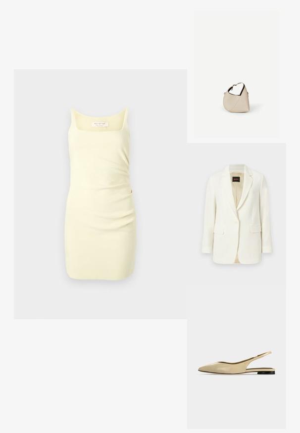 Witte getailleerde blazer met één knoop, gefixeerde rever, klepzakken en beige binnenvoering, met BOSS-label aan de binnenkraag.; Mouwloze gele jurk van gladde stof, met een vierkante halslijn en geschaarde zijkant voor extra textuur.; Beige platte slingback schoen met puntige neus, lage zwarte hak en een glad leren afwerking, zijaanzicht op een effen achtergrond.; Beige leren handtas in halvemaanvorm met een enkele schouderband en minimale stiksels, afgebeeld tegen een effen witte achtergrond.