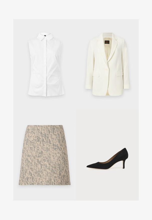 Veste blazer blanche cintrée à un bouton, avec revers crantés, poches à rabat et doublure intérieure beige, marquée du label BOSS à l'intérieur du col.; Chemise blanche sans manches à boutons, col pointu, tissu lisse et silhouette épurée et ajustée.; Mini-jupe en tissu tissé beige et gris avec une forme évasée en A et un motif irrégulier subtil.; Escarpin en daim noir à bout pointu avec un talon stiletto fin de hauteur moyenne et un design à coupe basse sur un fond uni.