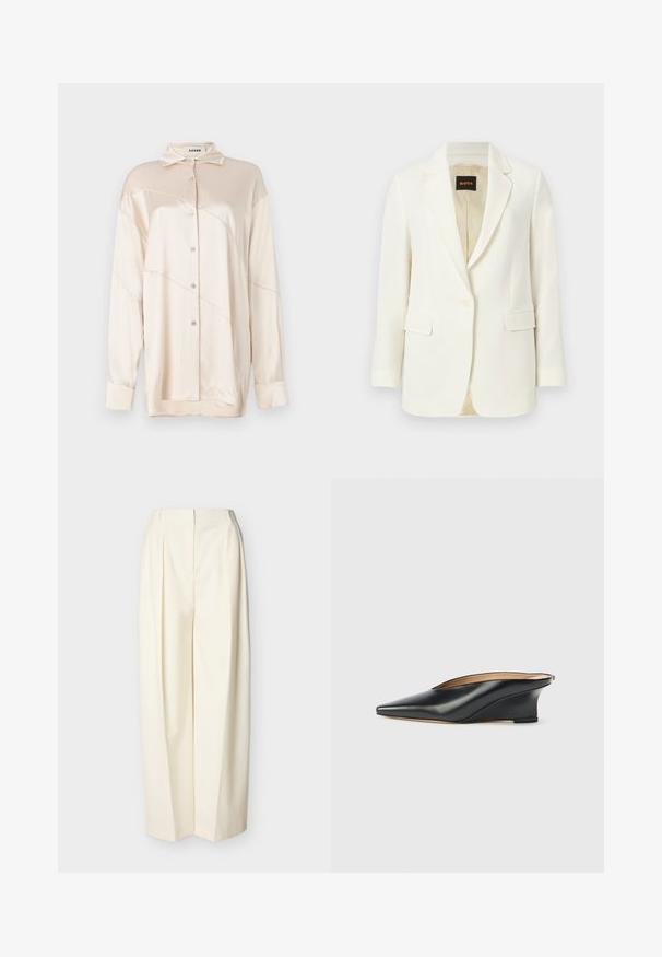 Weißer, einreihiger Blazer mit maßgeschneiderter Passform, mit Notch-Revers, Pattentaschen und beigem Innenfutter, innen am Kragen mit BOSS-Label versehen.; AERON ABIGAIL SHIRT - Hemdbluse - silver; Hoch taillierte, weit geschnittene cremefarbene Hose mit vorderen Falten, einem verdeckten vorderen Reißverschluss und Gürtelschlaufen.; Schwarzer Keilschuh aus Lackleder mit spitzer Schuhspitze und offenem Fersenbereich, zeichnet sich durch ein elegantes, geschwungenes Design und minimalistischen Stil aus.