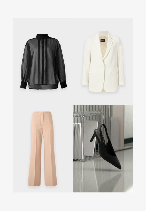 Hvid skræddersyet blazer med enkelt knap, revers med hakket krave, klaplommer og beige inderfor, mærket med BOSS-logo indvendigt i kraven.; Sort, gennemsigtig bluse med lange ærmer og klassisk krave, der har lodrette striber og ensfarvede sorte manchetter. Let, transparent stof.; Beige, højtaljede bukser med bred ben-design. Lavet af glat stof, med frontfolder og en enkel taljebånd.; Sort spids tå slingback højhælet sko svævende i luften over en skinnende gulv med stablede ringbind i baggrunden.
