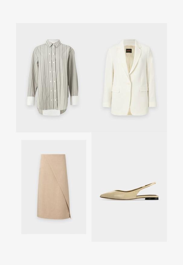 Blazer blanco de sastre con un solo botón, solapas con muesca, bolsillos con solapa y forro interior beige, con etiqueta BOSS en el interior del cuello.; Camisa a rayas en gris y blanco, con un cuello clásico, cierre de botones con botones blancos, y puños en blanco contrastante. Mangas largas.; Falda beige hasta la rodilla con tejido sutilmente texturizado y detalle de solapa frontal asimétrica.; Zapato plano beige con puntera puntiaguda, diseño slingback, tacón bajo negro y acabado en cuero liso, mostrado de perfil sobre un fondo liso.