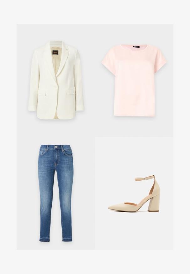 Weißer, einreihiger Blazer mit maßgeschneiderter Passform, mit Notch-Revers, Pattentaschen und beigem Innenfutter, innen am Kragen mit BOSS-Label versehen.; Hellrosa kurzärmlige Bluse mit rundem Ausschnitt und kleinem schwarzem Etikett im inneren Kragen, dargestellt vor einem hellgrauen Hintergrund.; Blaue Slim-Fit-Jeans mit leichtem Verblassen an den vorderen Oberschenkeln, Fünf-Taschen-Design und Knopfverschluss am Bund.; Beige Lackleder-High-Heel-Pumps mit spitzen Zehen, Knöchelriemen und dicker Absatzhöhe. Glatte Textur mit minimalen Steppdetails.