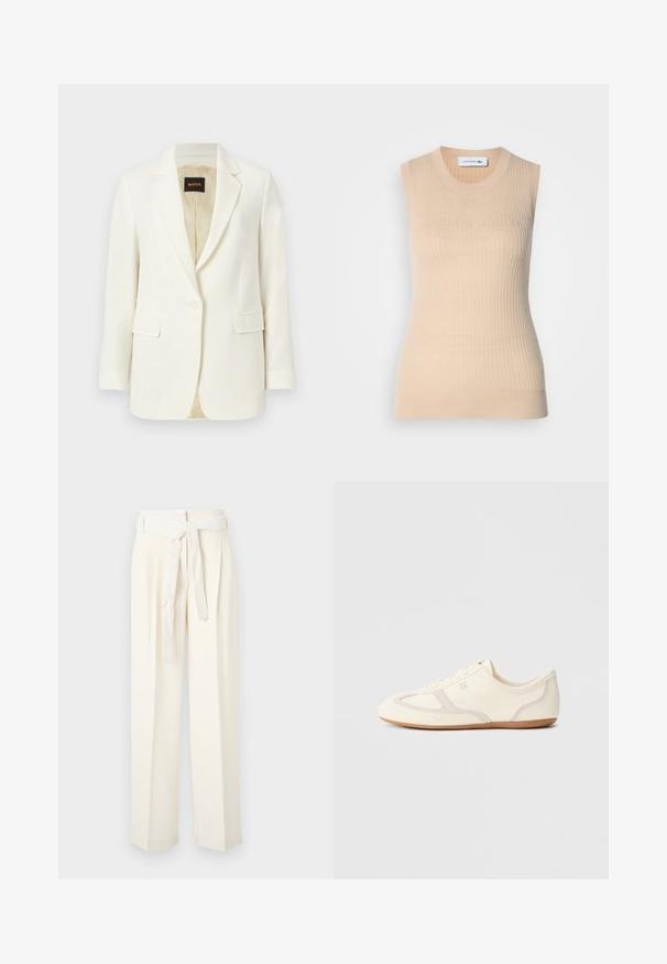 Hvid skræddersyet blazer med enkelt knap, revers med hakket krave, klaplommer og beige inderfor, mærket med BOSS-logo indvendigt i kraven.; Beige ærmeløs striktop med ribbet tekstur og tætsiddende pasform. Har rund hals og et lille broderet logo på brystet.; Kremfarvede vidde bukser med bæltestrop. Fremstillet af blødt stof, med folder og en glat overflade uden mønstre.; Sneakers i cremefarve med overdel i ruskind og stof, rundet tå og gummisål med beige detaljer. Snørelukning.