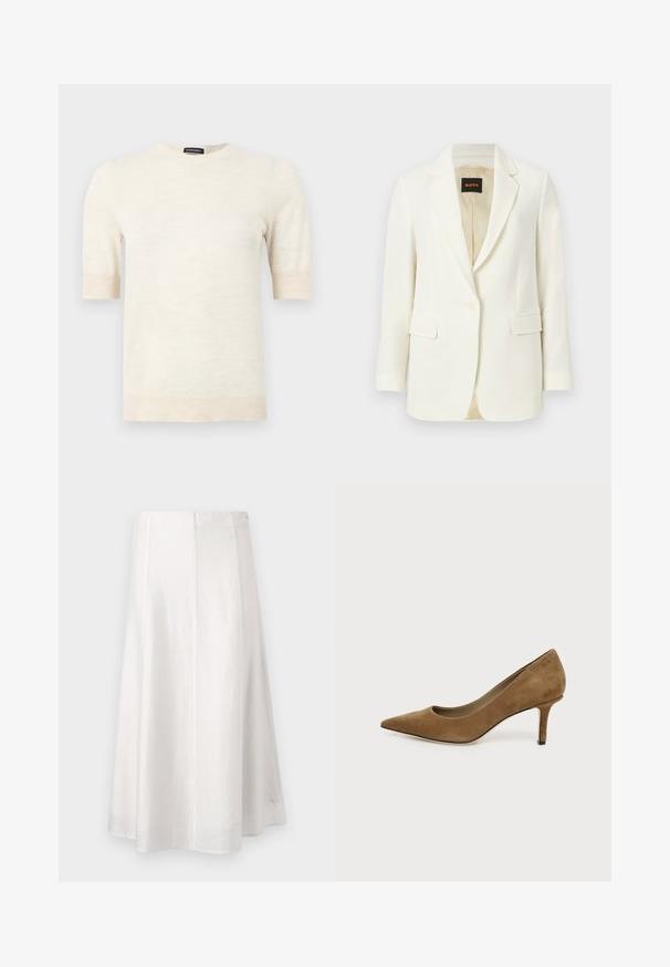 Veste blazer blanche cintrée à un bouton, avec revers crantés, poches à rabat et doublure intérieure beige, marquée du label BOSS à l'intérieur du col.; Pull à manches courtes de couleur crème avec col rond, poignets et ourlet côtelés, étiquette « SUPREME MERINO » au col.; Jupe midi blanche trapèze avec une texture lisse et une couture verticale au centre, présentée sur un fond uni.; Chaussure à talon haut en daim marron, bout pointu, avec un talon aiguille fin de hauteur moyenne sur fond blanc.