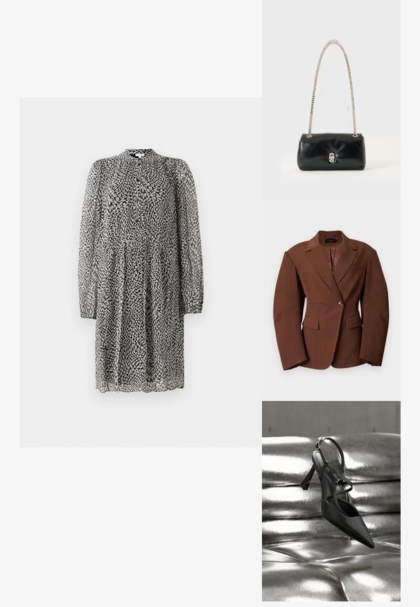 Brun skræddersyet blazer med enkelt knaplukning, hakkede rever, to klaplommer og en brystlomme, vist mod en hvid baggrund.; Sort og hvid knælang kjole med lange gennemsigtige ærmer, knaplukning foran, løs pasform og abstrakt pletmønster på let stof.; Sort højhælet sko med spids tå og åben hæl. Har tynd ankelrem og tekstureret sål. Elegant, minimalistisk design fremhævet af en skinnende metallisk baggrund.; Sort læderhåndtaske med sølvfarvet kædestrop og sølvfarvet spænde, vist mod en ensfarvet lys baggrund.
