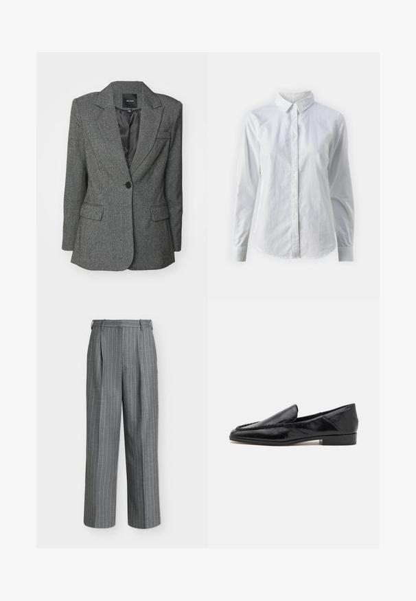 Sivý blazer vyrobený z textúrovaného materiálu, s klopovým golierom, jedným gombíkom na zapínanie a dvoma prednými vreckami. Viditeľná podšívka.; Biela košeľa s gombíkmi vyrobená z hladkej bavlny, s klasickým golierom, dlhými rukávmi a zakriveným lemom. Gombíky sú malé a biele.; Sivé nohavice s vysokým pásom, bielymi vertikálnymi tenkými pásikmi a širokými nohavicami na jednoliatom svetlom pozadí.; Čierne kožené mokasíny s hladkým povrchom, ktoré majú prešívaný dizajn pozdĺž predného okraja a nízky štvorcový podpätok.