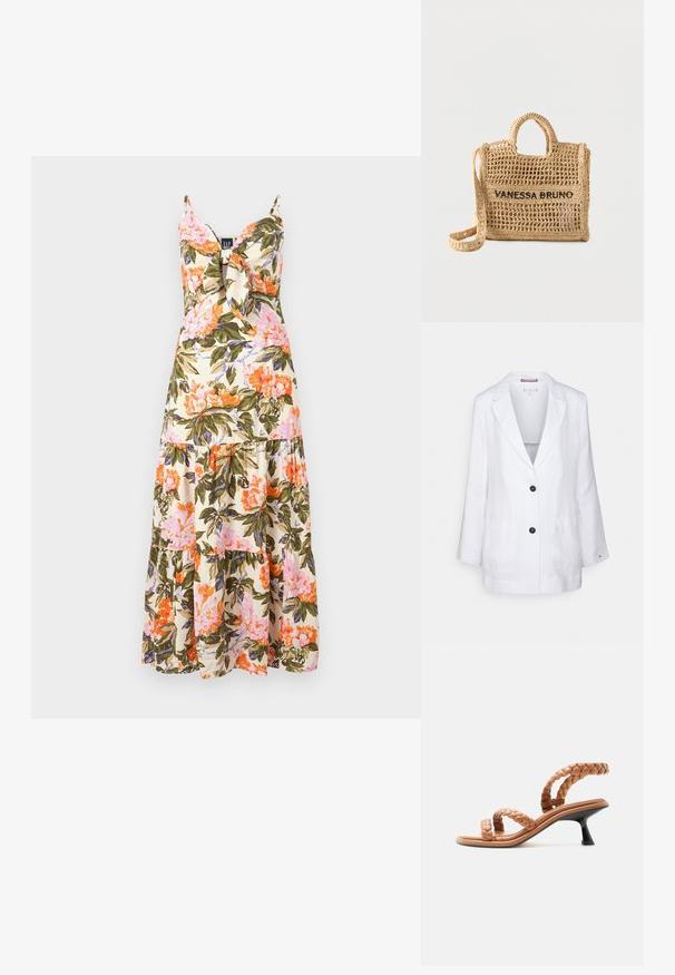 Tommy Hilfiger RELAXED - Blazer - white; Florale maxi-jurk met spaghettibandjes, crèmekleurige stof met roze, oranje en groene bloemmotieven, en een gelaagde volantzoom.; Lichtbruine sandaal met gevlochten leren riempjes en een lage zwarte kittenhak, zijaanzicht op witte achtergrond.; Beige handtas van geweven materiaal met twee handvatten, lange riem, opengeweven ontwerp en "VANESSA BRUNO" in zwarte letters geborduurd aan de voorkant.