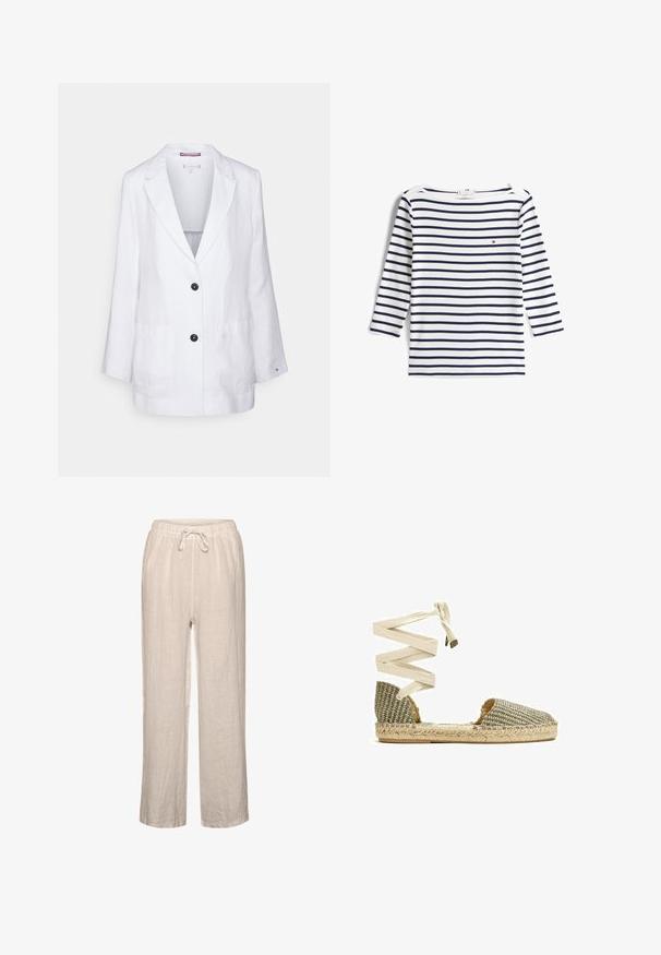 Tommy Hilfiger RELAXED - Blazer - white; Camisa blanca de manga larga con rayas horizontales azul marino y un pequeño logo rojo, blanco y azul en el pecho izquierdo.; Pantalones de lino en beige claro con cintura elástica y cordón, que presentan un corte relajado y diseño de pierna recta.; Sandalia plana estilo espadrille con parte superior de tela tejida y cordones para atar en el tobillo en beige con suela de yute natural sobre fondo blanco.