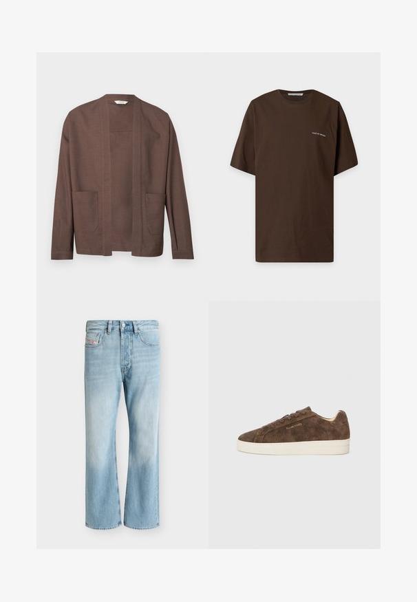 Cardigan marron ouvert sur le devant avec manches longues et deux poches plaquées à l'avant, présenté sur un fond uni.; T-shirt marron foncé à manches courtes et col rond avec un petit texte blanc "Tiger of Sweden" sur la partie gauche de la poitrine.; Jean en denim bleu clair avec cinq poches et une coupe droite, présenté sur un fond blanc uni.; Baskets en daim marron avec une silhouette basse, un bout arrondi et une semelle en caoutchouc blanc. Elles présentent des lacets foncés et un logo discret sur le côté.