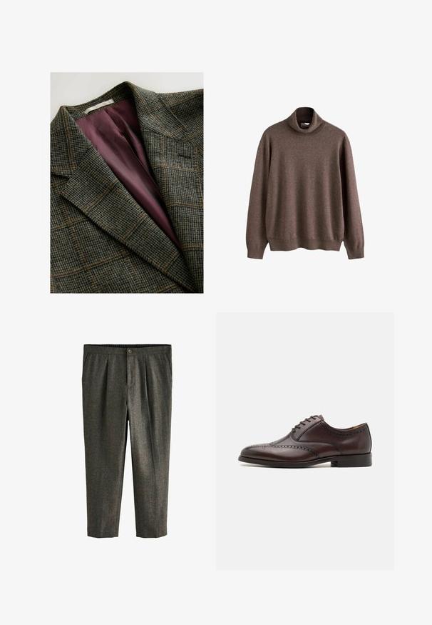 Groene en bruine geruite blazer met brede revers en paars satijnen voering.; Bruine coltrui gemaakt van zachte stof. Beschikt over lange mouwen en een relaxte pasvorm, met ribgebreide kraag en zoomdetails.; Grijze, gestructureerde broek met een getailleerde pasvorm, plooien aan de voorkant, zijzakken en een knoopsluiting bij de taille.; ALDO DONALD - Zakelijke veterschoenen - dark brown