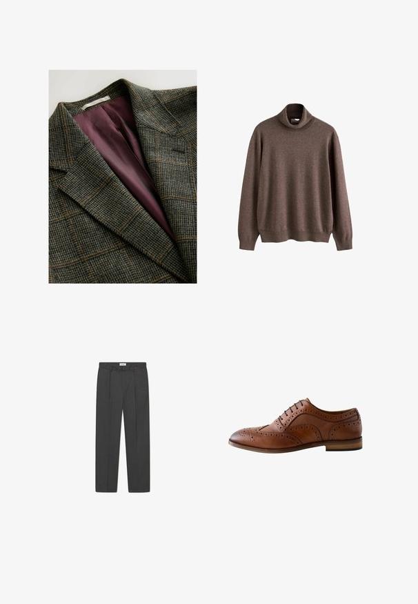 Grüner und brauner kariert Blazer mit breiten Revers und lila Satin-Innenfutter.; Brauner Rollkragenpullover aus weichem Stoff. Hat lange Ärmel und eine lockere Passform, mit geripptem Kragen und Saumdetails.; Graue maßgeschneiderte Hose mit dezentem Karomuster, strukturiertem Gewebe und vorderen Falten, ausgestattet mit einem Bund mit Gürtelschlaufen.; Brauner Herrenschuh aus Leder mit Brogue-Muster, Wingtip-Design, perforierten Details, schwarzen Schnürsenkeln und flachem Absatz vor weißem Hintergrund.