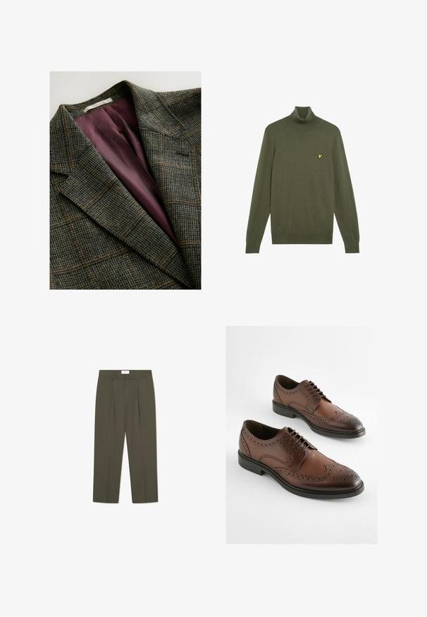 Grüner und brauner kariert Blazer mit breiten Revers und lila Satin-Innenfutter.; Olivgrüner Rollkragenpullover aus weichem Strickstoff. Mit langen Ärmeln und einem kleinen gelben Logo auf der linken Brust. Klassische Passform.; Olivgrüne Hose mit vertikalen Nadelstreifen, tailliertem Bund, Falten und geradem Bein. Glatte Textur.; Braune Leder-Derby-Schuhe mit einem Brogue-Design, spitzem Zeh und flacher Gummisohle. Aufwendige Perforationen entlang der Kanten.