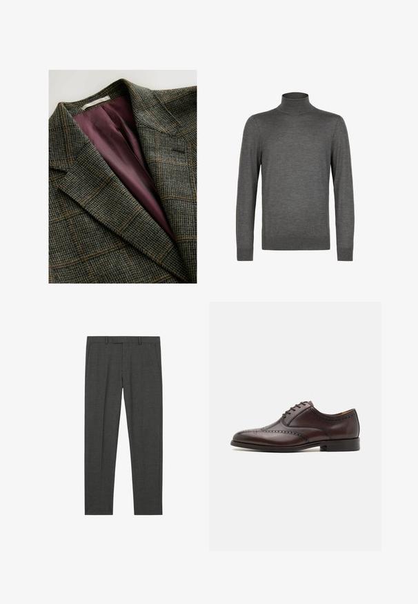 Grøn- og brunternet blazer med brede klapærmer og indvendig foring i lilla satin.; Mørkegrå langærmet rullekravesweater med fin striktekstur og ribkant ved ærmer og bund, vist på en hvid baggrund.; Mørkegrå skræddersyede bukser med bæltestropper, frontlommer og en slim straight pasform, vist fladt på en hvid baggrund.; ALDO DONALD - Business sko - dark brown