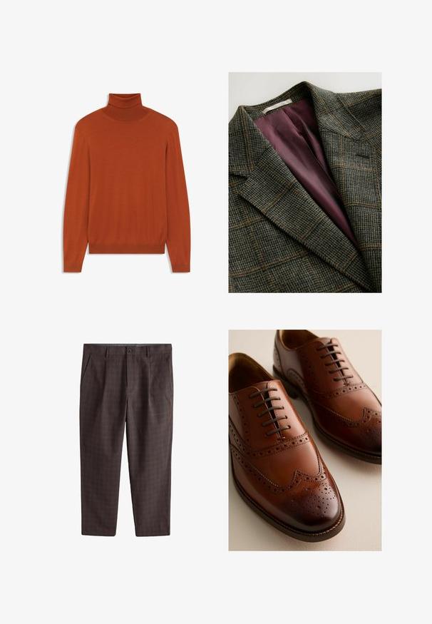 Grüner und brauner kariert Blazer mit breiten Revers und lila Satin-Innenfutter.; Rostfarbener Rollkragenpullover aus weichem Material. Figurbetontes Design mit langen Ärmeln und geripptem Kragen sowie Saum. Glatte Textur im gesamten Pulli.; Braune Herrenanzughose mit dezentem Karomuster, Knopfverschluss, Seitentaschen und Gürtelschlaufen, flach auf weißem Hintergrund liegend.; Polierte braune Oxford-Schuhe aus Leder mit Brogue-Verzierungen und geschlossener Schnürung auf heller Oberfläche, aus Front- und Seitenansicht gezeigt.