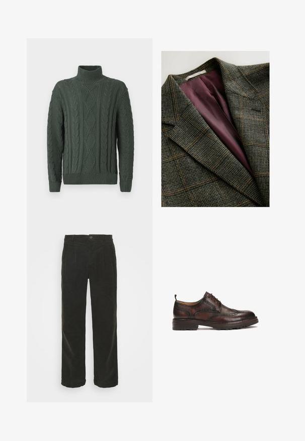 Blazer a cuadros en tonos verdes y marrones, con solapas anchas y forro interior de satén púrpura.; Suéter de cuello alto de punto trenzado verde oscuro con patrones de diamantes y trenzas, puños y dobladillo acanalados.; Lindbergh WIDE FIT PANTS - Pantalones - army; Zapato Oxford de cuero marrón con detalles de brogue, que presenta una puntera redonda, un diseño de cordones y suela de goma para mayor tracción.