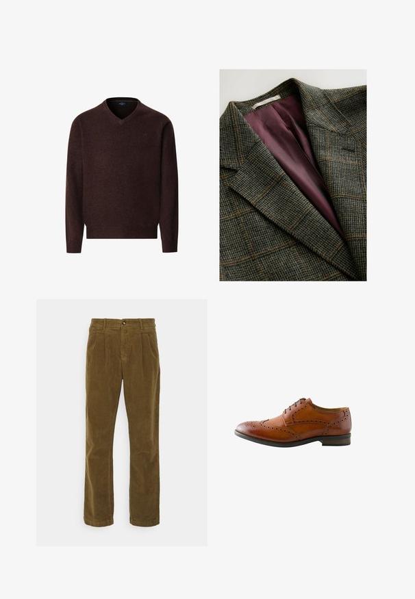 Groene en bruine geruite blazer met brede revers en paars satijnen voering.; Bruin v-hals trui van zacht materiaal, met lange mouwen en geribde manchetten. Minimale details met een subtiel logo op de borst.; Lindbergh WIDE FIT PANTS - Broek - sand; Bruine leren herenschoen met brogue-details, vleugelperforatie en zwarte veters, getoond vanaf de buitenkant.