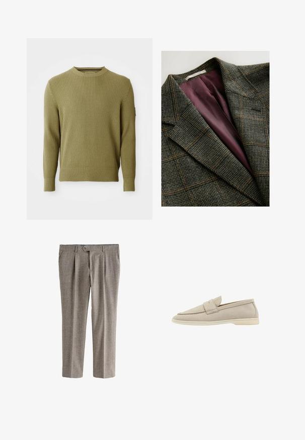 Grøn- og brunternet blazer med brede klapærmer og indvendig foring i lilla satin.; Ribbet strikket olivengrøn langærmet crew neck sweater med tætsiddende manchetter og en lille patchdetalje på venstre ærme.; Grå ternede bukser med lige ben, der har frontfolder, en enkelt knaplukning og lommer. Struktureret stof.; Beige ruskind slip-on sko med rund tå, frontaccentbånd og en let gummisål. Glat tekstur og minimalistisk design.