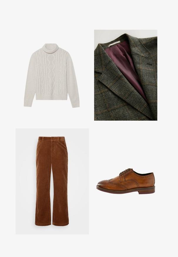 Grøn- og brunternet blazer med brede klapærmer og indvendig foring i lilla satin.; Cremefarvet kabelstrikket sweater med høj ribkant, prydet med et struktureret mønster samt ribbede manchetter og kant. Blødt uldblend materiale.; Brune fløjl bukser med et bredbenet design, der har vertikalt ribbet tekstur, en knaplukning og standard bælteløkker.; Brune læder snørebåndssko med broguedetaljer, rund tå og en kontrastsål. Har stitched detaljer og struktureret overflade.