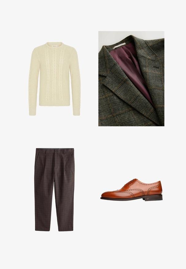 Blazer à carreaux vert et marron avec un large revers et une doublure intérieure en satin violet.; Blend BHBASIM - Pullover - oyster gray; Pantalon habillé marron pour homme avec un motif à carreaux subtil, fermeture par bouton, poches latérales et passants de ceinture, posé à plat sur fond blanc.; Chaussure oxford en cuir marron avec un design brogue, présentant des perforations décoratives, des lacets et un talon plat. Texture lisse et finition polie.
