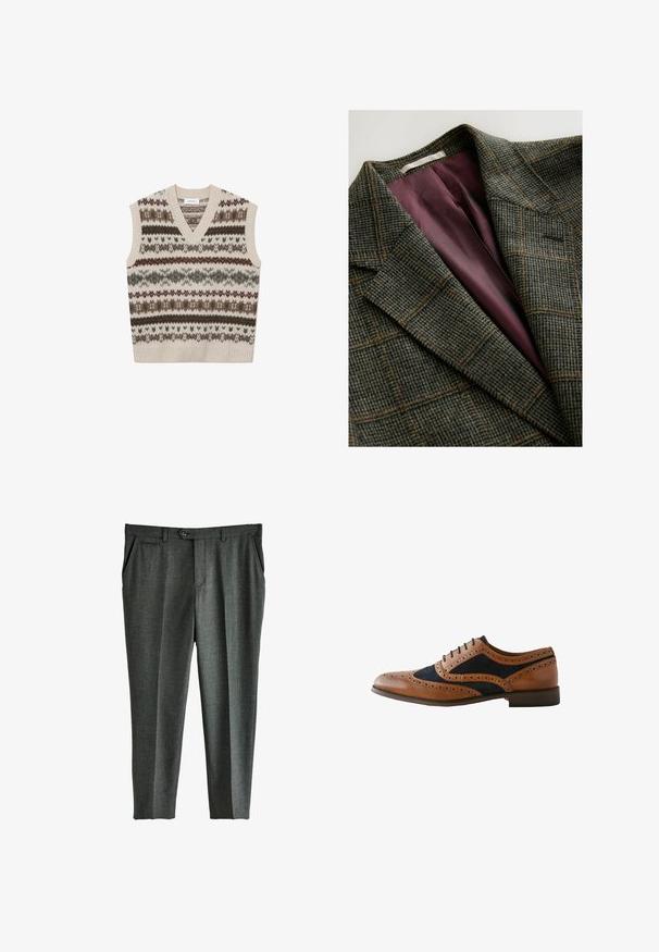Grøn- og brunternet blazer med brede klapærmer og indvendig foring i lilla satin.; Les Deux HORDUR FAIR ISLE - Striktrøje - sand; Grå skræddersyede bukser med et subtilt ternet mønster, frontfald, sidelommer og en enkelt knaplukning i taljen.; Brun læder brogue sko med navy ruskind detaljer, fine perforeringer, rund tå og en lav træhæl. Snørelukning.