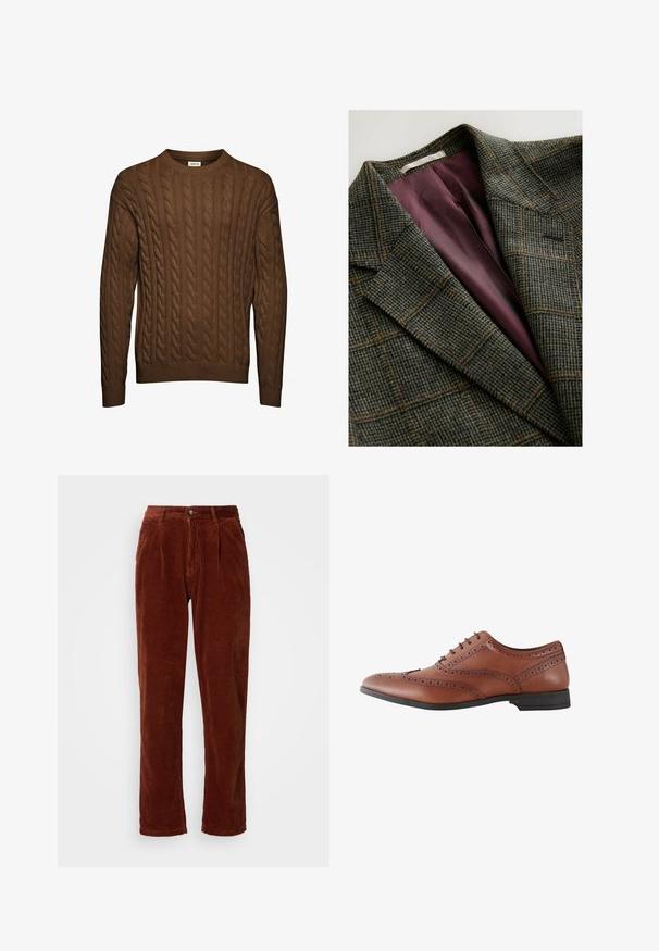 Grøn- og brunternet blazer med brede klapærmer og indvendig foring i lilla satin.; Brun kabelstrikket sweater med lange ærmer, ribbet manchetter og kant, samt rund halsudskæring, vist mod hvid baggrund.; Corduroybukser i en rig brun farve; har en plisseret front, lige ben og en knaplukning ved taljen.; Brun læder herre brogue-sko med dekorative perforeringer og sort sål, vist fra siden.
