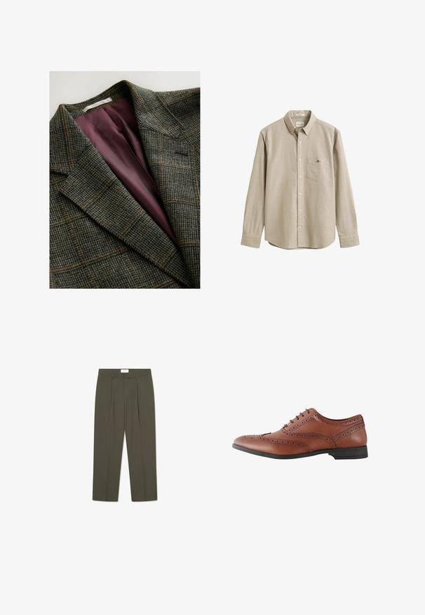 Grüner und brauner kariert Blazer mit breiten Revers und lila Satin-Innenfutter.; Beiges langärmliges Hemd mit Kragen, Brusttasche und kleinem gesticktem Logo auf der Tasche. Das Hemd ist auf einem schlichten Hintergrund zu sehen.; Olivgrüne Hose mit vertikalen Nadelstreifen, tailliertem Bund, Falten und geradem Bein. Glatte Textur.; Brauner Herrenschuh aus Leder im Brogue-Stil mit dekorativen Perforationen und schwarzer Sohle, seitliche Ansicht.