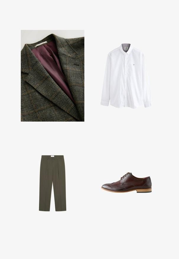 Groene en bruine geruite blazer met brede revers en paars satijnen voering.; Wit overhemd met knoopsluiting en een gestructureerde kraag, met een contrasterend ruitpatroon aan de binnenkant van de kraag en een klein geborduurd embleem op de borst.; Olijfgroene broek met verticale krijtstrepen, voorzien van een op maat gemaakte taille, plooien en een rechte pijp. Gladde textuur.; Donkerbruine leren brogues met wingtip-details, gesloten vetersluiting en een lichte houten zool, bekeken vanaf de buitenkant.