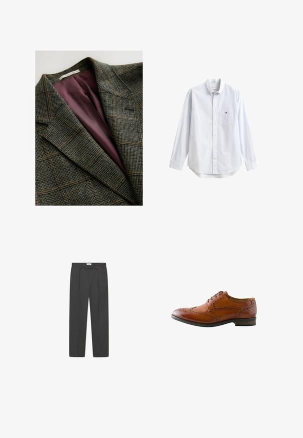 Blazer a cuadros en tonos verdes y marrones, con solapas anchas y forro interior de satén púrpura.; Camisa de manga larga color azul claro hecha de algodón. Cuenta con un bolsillo en el pecho izquierdo y un cuello clásico con un pequeño detalle de marca.; Pantalones grises a medida con un sutil patrón de cuadro, tejido texturizado y pliegues delanteros, presentando una cinturilla con pasadores para cinturón.; Zapato de vestir brogue para hombre de cuero marrón con perforaciones en punta de ala y cordones negros, mostrado desde el lado exterior.