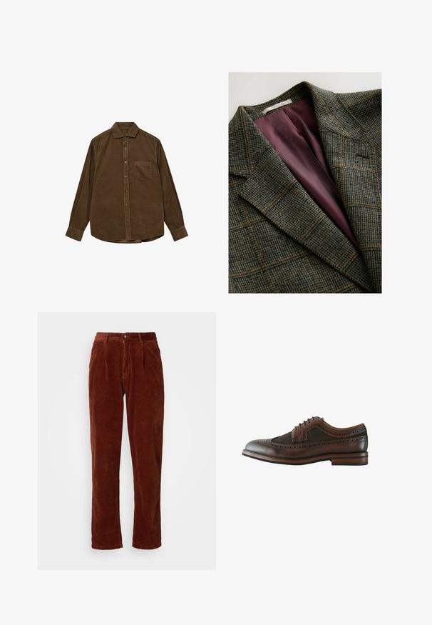 Grøn- og brunternet blazer med brede klapærmer og indvendig foring i lilla satin.; Brun kordfløjls skjorte med lange ærmer, knap-ned krave, frontlomme og struktureret ribbet overflade. Har sølvfarvede knapper.; Corduroybukser i en rig brun farve; har en plisseret front, lige ben og en knaplukning ved taljen.; Mørkebrun læder wingtip brogue sko med dekorative perforeringer, snørelukning og træsål med lagdelt hæl.