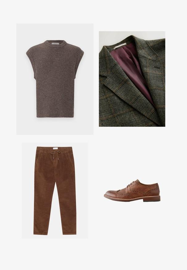 Grøn- og brunternet blazer med brede klapærmer og indvendig foring i lilla satin.; Brun strikket ærmeløs top med ribbet tekstur, høj krave og sideslidser. Har en tætsiddende kant og blødt stof.; Pier One Bukser - brown; Brun læder herre wingtip oxford sko med brogue-detaljer og stablet træsål, vist i sideprofil på hvid baggrund.