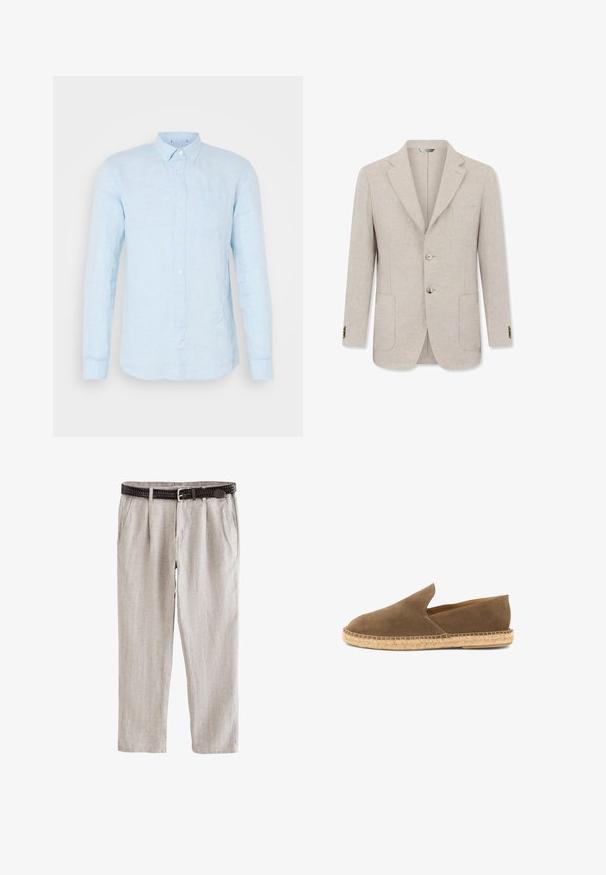 Beiger Herrenblazer mit zwei Knöpfen, fallendem Revers, zwei Fronttaschen und einer Brusttasche, abgebildet vor weißem Hintergrund.; Helles blaues Leinenhemd mit langen Ärmeln, spitzem Kragen und einer Brusttasche. Verfügt über eine leicht strukturierte Oberfläche und Knopfverschluss.; Hellbeige Leinenhose mit Falten, Seitentaschen und einem dunkelbraunen gewebten Gürtel mit silberner Schnalle.; Braune Wildleder-Espadrille zum Hineinschlüpfen mit geflochtener Jutesohle und niedrig geschnittenen Seiten, entworfen für den Freizeitgebrauch.