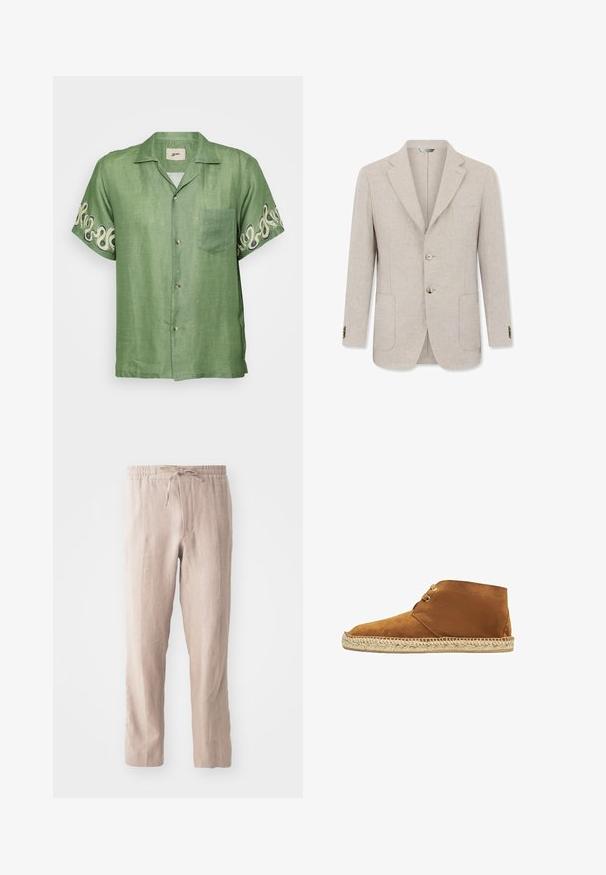 Beige herenblazer met twee knopen, gekartelde revers, twee voorzakken en een borstzak, weergegeven op een witte achtergrond.; Korte mouwen groene linnen shirt met een knoopsluiting aan de voorkant, een opgestikt zakje en een ingewikkeld crèmekleurig spiraalpatroon op de mouwen. Lichtgewicht en ademend materiaal.; Beige linnen broek met een elastische tailleband en trekkoord. Rechtoe-rechtaan ontwerp met een zachte textuur en minimalistische stijl.; Bruine suède enkellaarsjes met een ronde neus en een jute touwzool. Beschikt over een vetersluiting en een soepele textuur, ideaal voor casual draag.