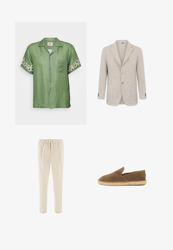 Beige herenblazer met twee knopen, gekartelde revers, twee voorzakken en een borstzak, weergegeven op een witte achtergrond.; Korte mouwen groene linnen shirt met een knoopsluiting aan de voorkant, een opgestikt zakje en een ingewikkeld crèmekleurig spiraalpatroon op de mouwen. Lichtgewicht en ademend materiaal.; Beige broek met een trekkoord in de taille, voorzakken en een rechte pijp, ontworpen voor casual of ontspannen dragen.; Bruine suède instap-espadrille met gevlochten juten zool en laag uitgesneden zijkanten, ontworpen voor casual gebruik.