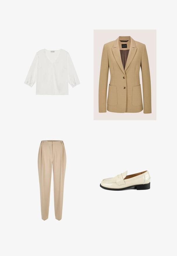 Beige blazer met een gestructureerd ontwerp, met revers met inkeping, twee zakken aan de voorkant en twee gouden knopen, gemaakt van een getextureerde stof.; Witte blouse met lange mouwen, een diepe V-hals, zacht satijnachtig materiaal en gathered manchetten voor een relaxed fit.; Beige op maat gemaakte broeken met riemlussen, rechte pijpen en een verborgen voorknopen, gepresenteerd op een witte achtergrond.; Beige patenten leren instappers met een ronde neus en decoratieve stikselaccenten. Voorzien van een lage zwarte hak en een instapontwerp.